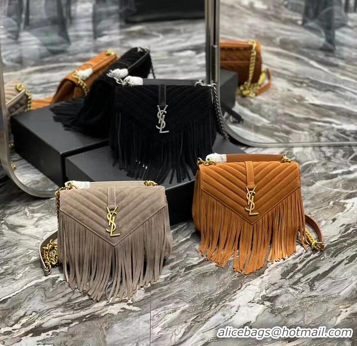 Luxurious SAINT LAURENT COLLEGE MEDIUM CHAIN BAG IN LIGHT SUEDE WITH FRINGES 5317050 CINNAMON