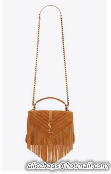 Luxurious SAINT LAURENT COLLEGE MEDIUM CHAIN BAG IN LIGHT SUEDE WITH FRINGES 5317050 CINNAMON