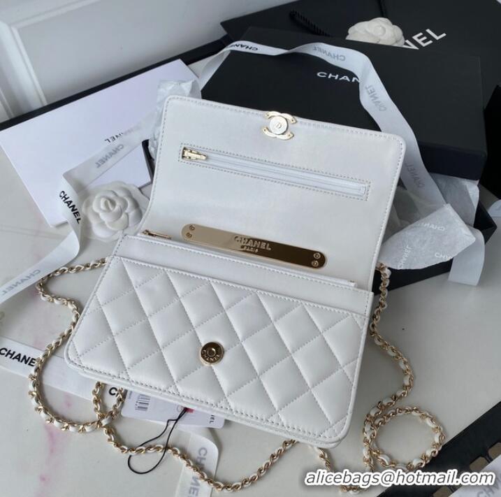 Good Looking CHANEL WALLET ON CHAIN Lambskin & Gold-Tone Metal AP2844 white