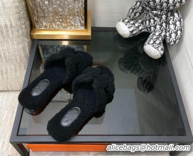 Pretty Style Hermes Teddy Fur Flat Slide Sandals Black 071914