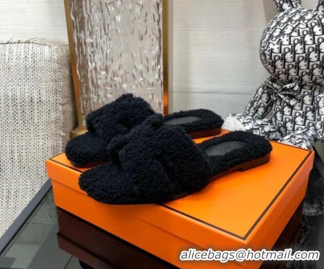 Pretty Style Hermes Teddy Fur Flat Slide Sandals Black 071914