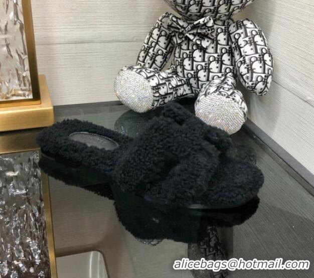 Pretty Style Hermes Teddy Fur Flat Slide Sandals Black 071914