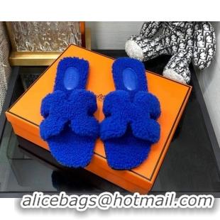 Sumptuous Hermes Teddy Fur Flat Slide Sandals Cobalt Blue 071915