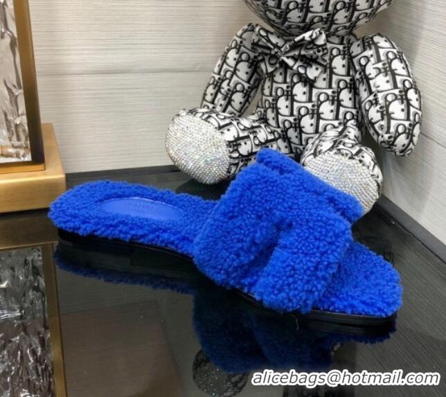 Sumptuous Hermes Teddy Fur Flat Slide Sandals Cobalt Blue 071915