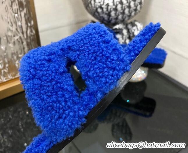 Sumptuous Hermes Teddy Fur Flat Slide Sandals Cobalt Blue 071915