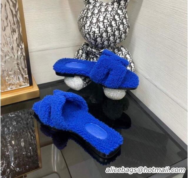 Sumptuous Hermes Teddy Fur Flat Slide Sandals Cobalt Blue 071915