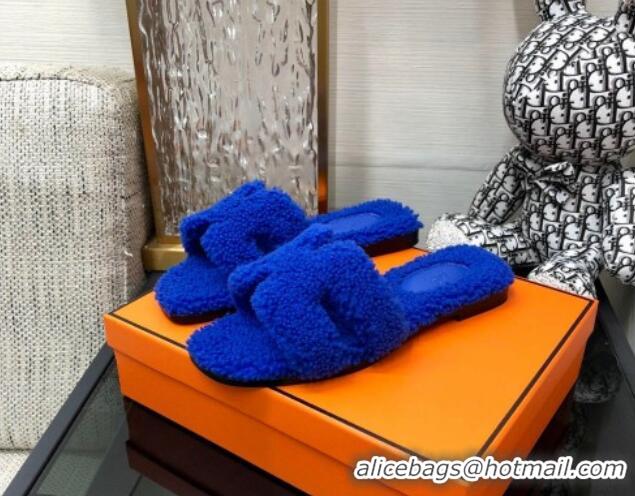 Sumptuous Hermes Teddy Fur Flat Slide Sandals Cobalt Blue 071915