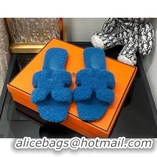 Good Quality Hermes Teddy Fur Flat Slide Sandals Blue 071916