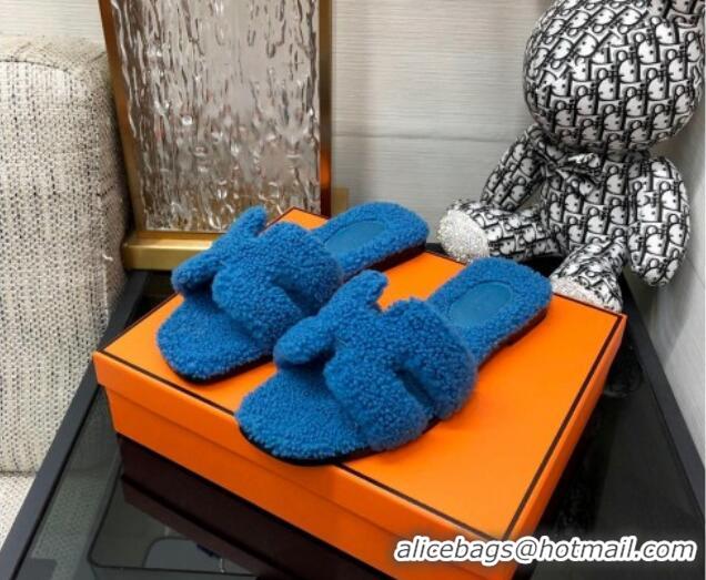 Good Quality Hermes Teddy Fur Flat Slide Sandals Blue 071916