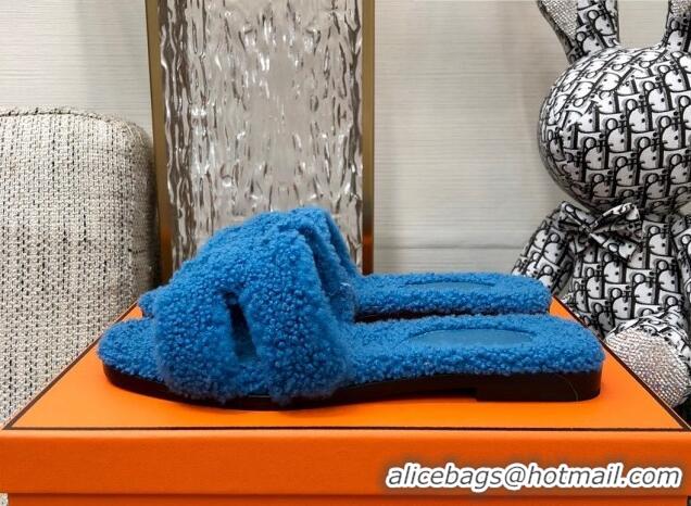 Good Quality Hermes Teddy Fur Flat Slide Sandals Blue 071916