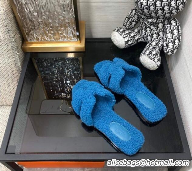 Good Quality Hermes Teddy Fur Flat Slide Sandals Blue 071916