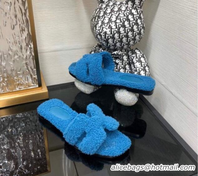 Good Quality Hermes Teddy Fur Flat Slide Sandals Blue 071916