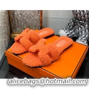 Stylish Hermes Teddy Fur Flat Slide Sandals Orange 071917