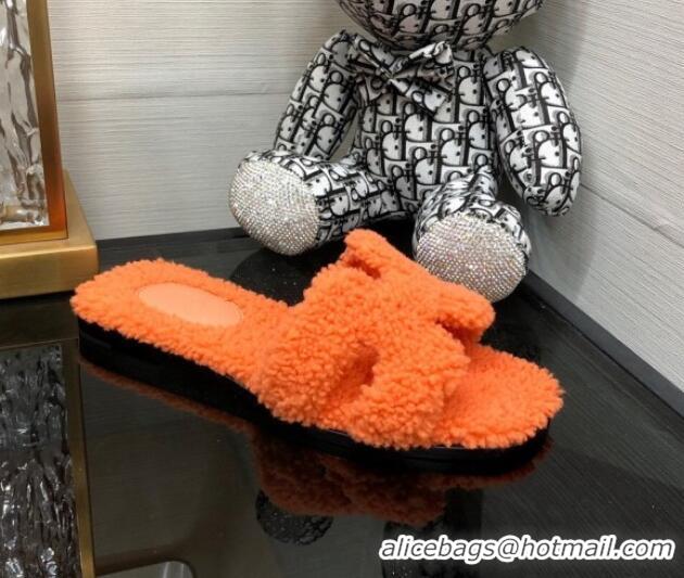 Stylish Hermes Teddy Fur Flat Slide Sandals Orange 071917