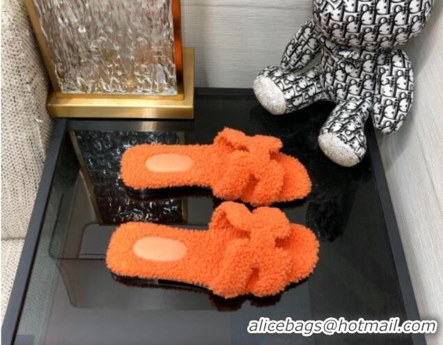 Stylish Hermes Teddy Fur Flat Slide Sandals Orange 071917