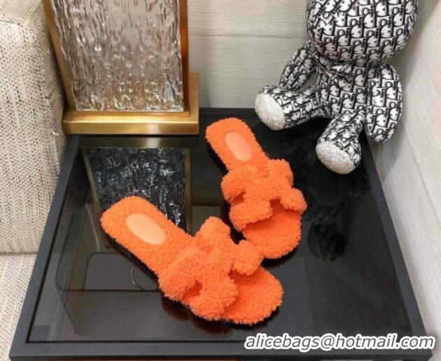 Stylish Hermes Teddy Fur Flat Slide Sandals Orange 071917