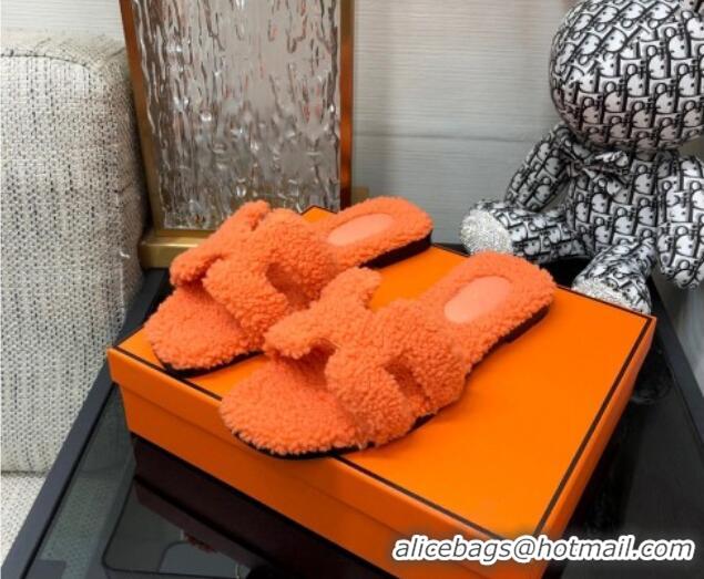 Stylish Hermes Teddy Fur Flat Slide Sandals Orange 071917