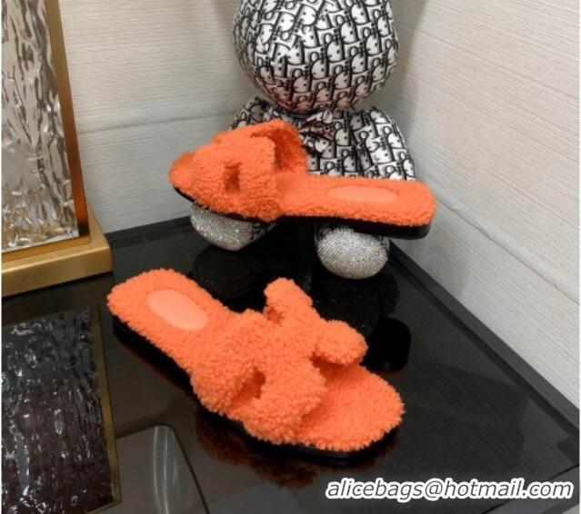 Stylish Hermes Teddy Fur Flat Slide Sandals Orange 071917