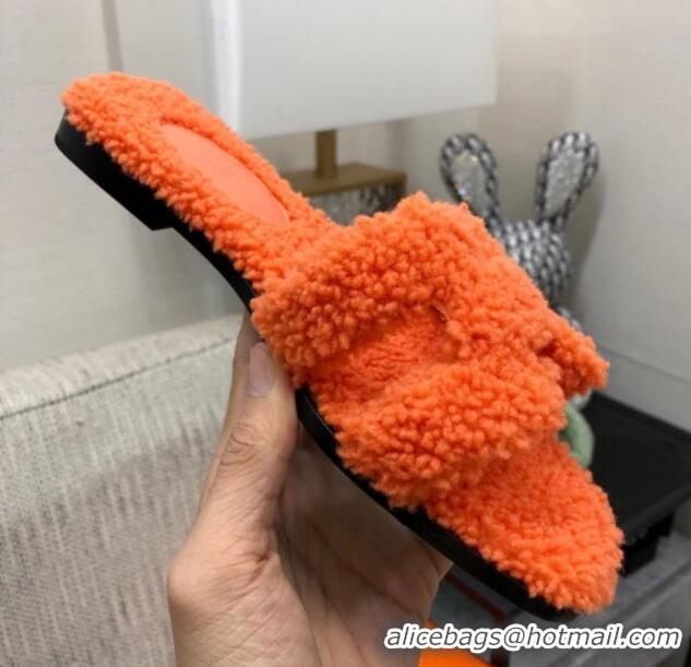 Stylish Hermes Teddy Fur Flat Slide Sandals Orange 071917