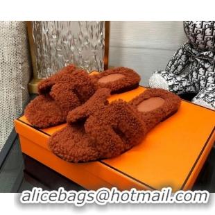 Hot Style Hermes Teddy Fur Flat Slide Sandals Dark Brown 071918