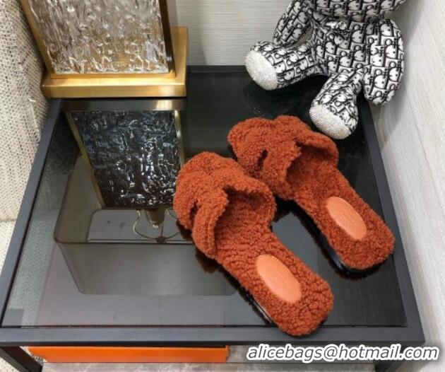 Hot Style Hermes Teddy Fur Flat Slide Sandals Dark Brown 071918