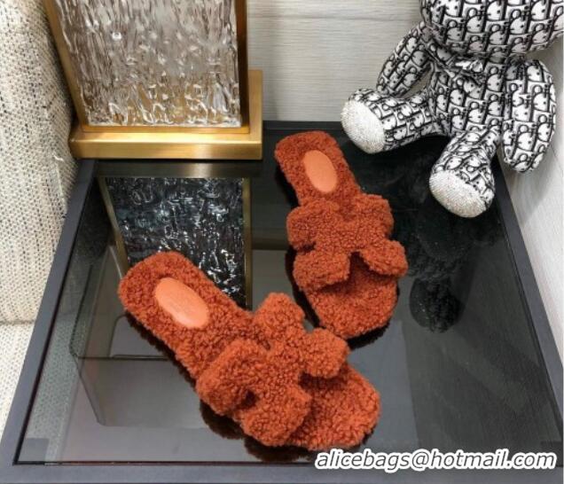 Hot Style Hermes Teddy Fur Flat Slide Sandals Dark Brown 071918