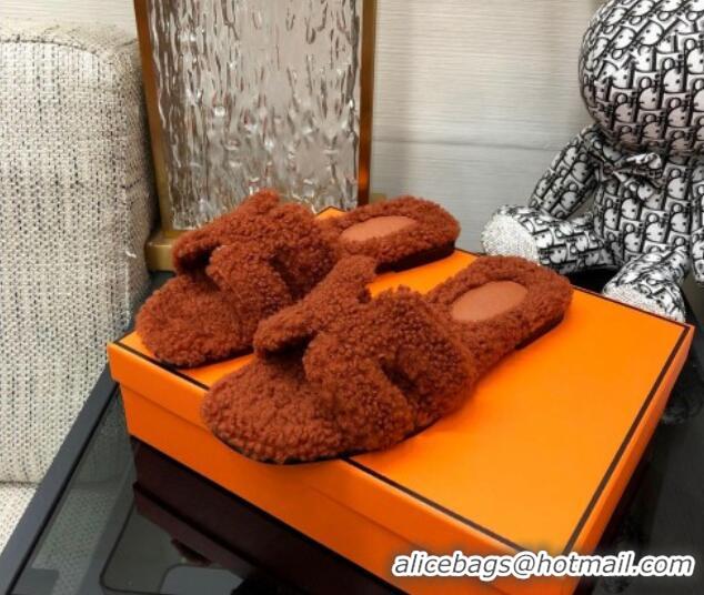 Hot Style Hermes Teddy Fur Flat Slide Sandals Dark Brown 071918