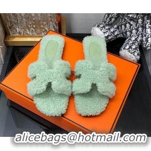 Good Product Hermes Teddy Fur Flat Slide Sandals Mint Green 071919