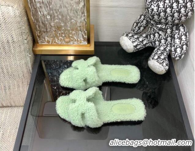 Good Product Hermes Teddy Fur Flat Slide Sandals Mint Green 071919