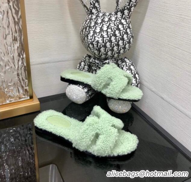 Good Product Hermes Teddy Fur Flat Slide Sandals Mint Green 071919