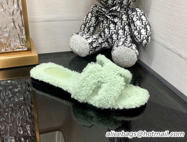 Good Product Hermes Teddy Fur Flat Slide Sandals Mint Green 071919