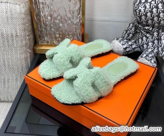 Good Product Hermes Teddy Fur Flat Slide Sandals Mint Green 071919