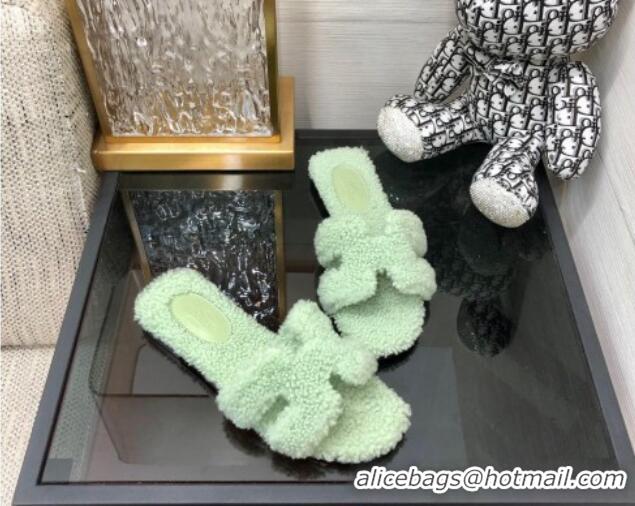 Good Product Hermes Teddy Fur Flat Slide Sandals Mint Green 071919