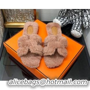 Purchase Hermes Teddy Fur Flat Slide Sandals Camel Brown 071920