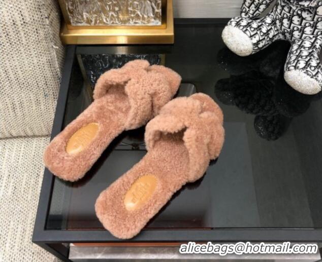 Purchase Hermes Teddy Fur Flat Slide Sandals Camel Brown 071920