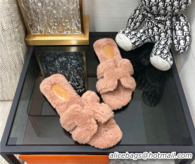 Purchase Hermes Teddy Fur Flat Slide Sandals Camel Brown 071920