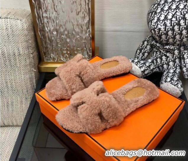 Purchase Hermes Teddy Fur Flat Slide Sandals Camel Brown 071920