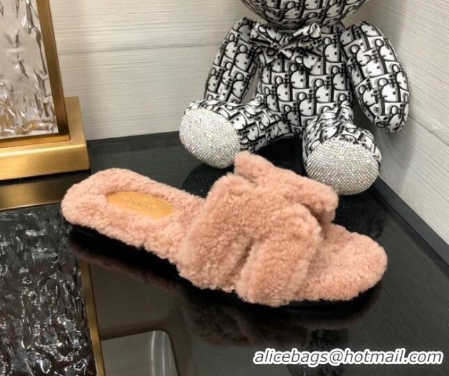 Purchase Hermes Teddy Fur Flat Slide Sandals Camel Brown 071920