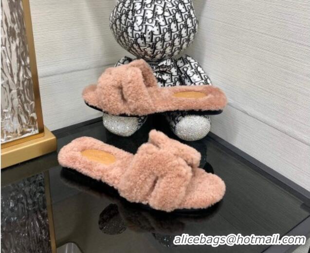 Purchase Hermes Teddy Fur Flat Slide Sandals Camel Brown 071920