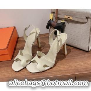 Luxury Hermes Ella High Heel Sandals 10cm in Smooth Leather White/Silver 071921