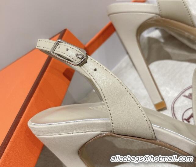 Luxury Hermes Ella High Heel Sandals 10cm in Smooth Leather White/Silver 071921