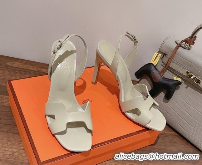 Luxury Hermes Ella High Heel Sandals 10cm in Smooth Leather White/Silver 071921