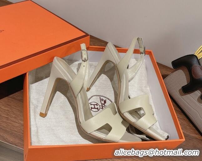 Luxury Hermes Ella High Heel Sandals 10cm in Smooth Leather White/Silver 071921