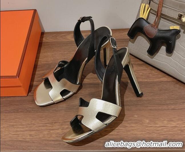 Sophisticated Hermes Ella High Heel Sandals 10cm in Smooth Leather Light Gold/Black 071922