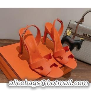 Charming Hermes Ella High Heel Sandals 10cm in Grained Leather Orange/Silver 071923