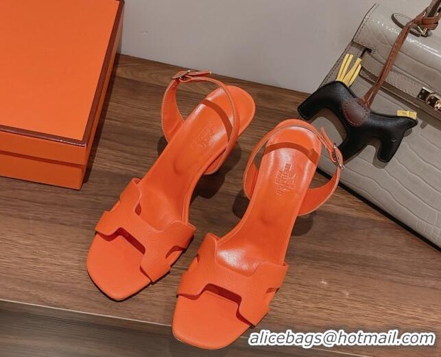 Charming Hermes Ella High Heel Sandals 10cm in Grained Leather Orange/Silver 071923