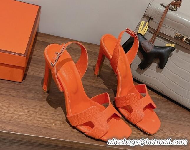 Charming Hermes Ella High Heel Sandals 10cm in Grained Leather Orange/Silver 071923