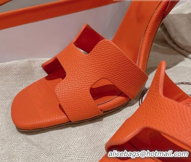 Charming Hermes Ella High Heel Sandals 10cm in Grained Leather Orange/Silver 071923