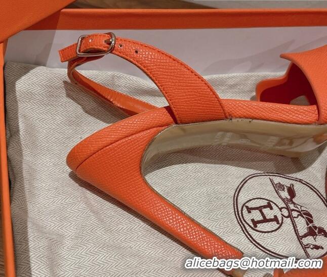 Charming Hermes Ella High Heel Sandals 10cm in Grained Leather Orange/Silver 071923