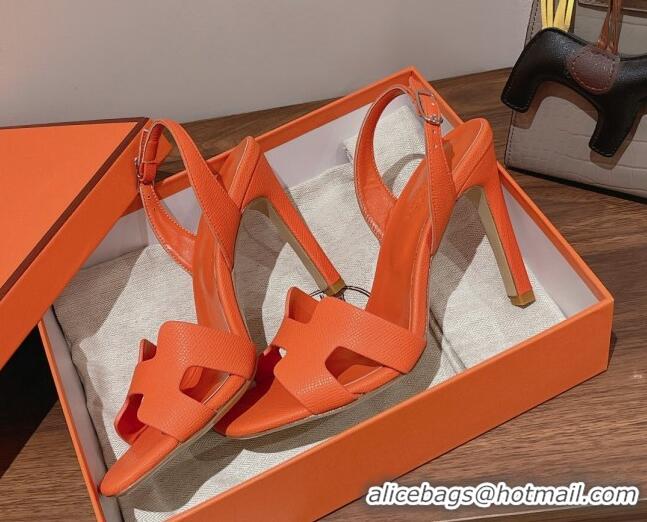 Charming Hermes Ella High Heel Sandals 10cm in Grained Leather Orange/Silver 071923